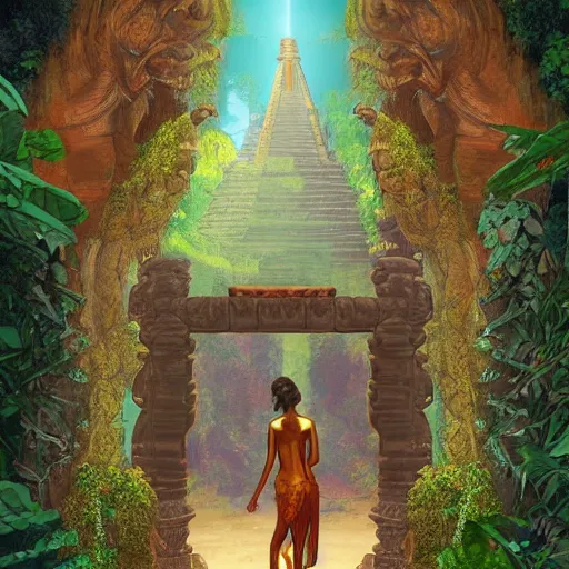 Image similar to ancient jungle temple with a portal to another dimension pulp art