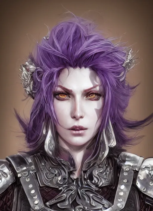 Image similar to close up portrait of a pale woman in leather armor with purple hair, powerful, domineering, stoic, masterful, intense, ultrafine hyperdetailed illustration by kim jung gi, irakli nadar, intricate linework, sharp focus, octopath traveler, yoji shinkawa, highly rendered, detailed, concept art