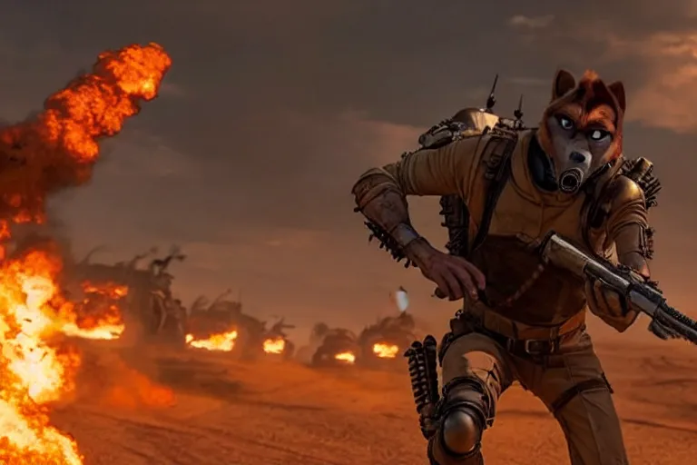 Image similar to nick wilde, heavily armed and armored facing down armageddon in a dark and gritty reboot from the makers of mad max : fury road