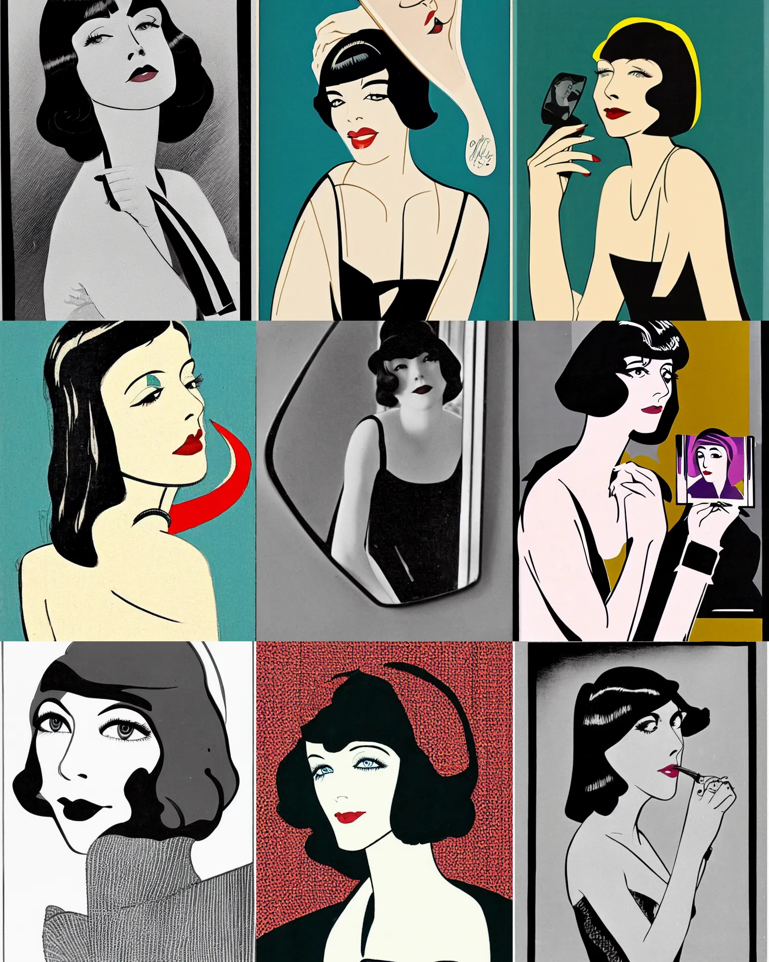 Prompt: Colleen Moore 25 years old, bob haircut, looking in a mirror, portrait by Patrick Nagel, 1920s,