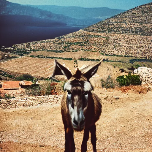 Prompt: photo of donkey in nemea greece, cinestill, 800t, 35mm, full-HD