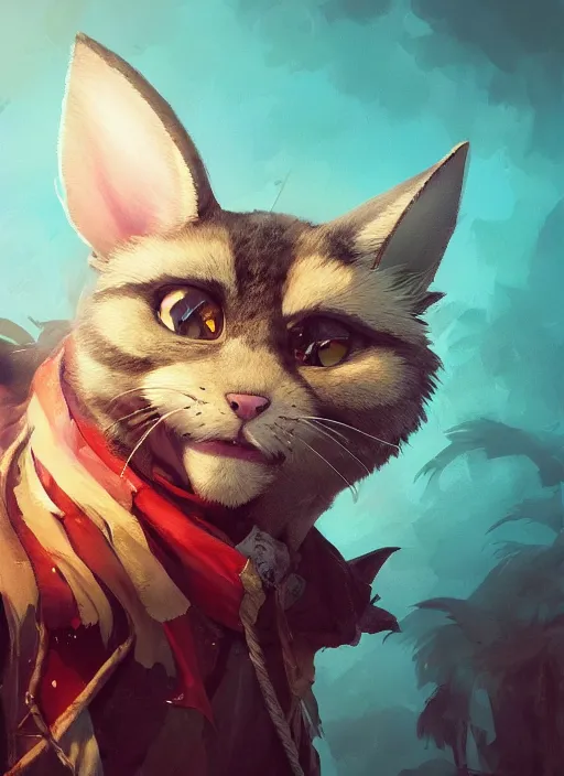 Image similar to a beautiful half body portrait of a cute anthropomorphic pirate cat fursona. eye patch. character design by cory loftis, fenghua zhong, ryohei hase, ismail inceoglu and ruan jia. volumetric light, detailed, rendered in octane