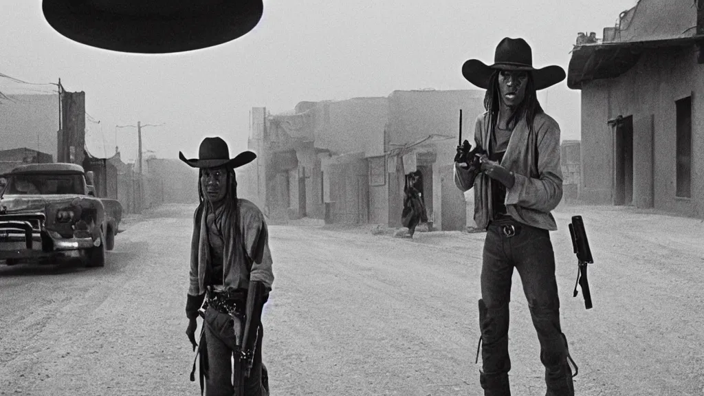 Prompt: Jar Jar Binks in a cowboy hat, holding a shotgun, standing in a dusty old western street at dusk, movie screenshot directed by Sergio Leone. Shot from a high angle. Cinematic. 24mm lens, 35mm film, Fujifilm Reala, f8