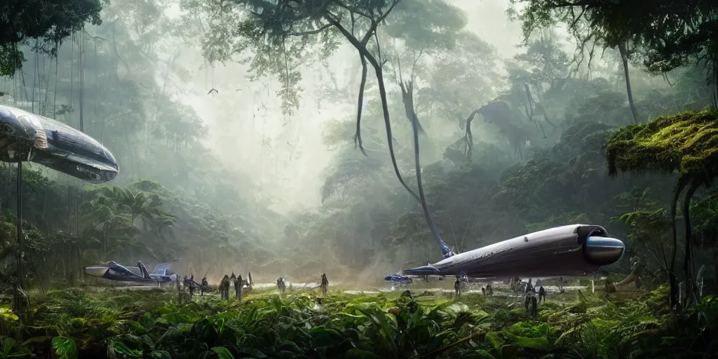 Prompt: avatar airship cyberpunk in the jungle, people repairing ship, industrial maintenance shuttle vehicle vast botanical gardens, forest, jungle, fps, cinematography, photo, photography, 4 k, by greg rutkowski, roger deakins