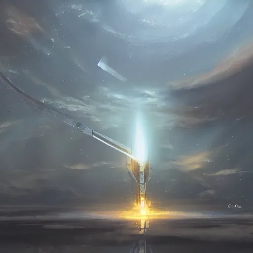 Prompt: concept art of a large space vessel in the shape of an spear by chriss foss