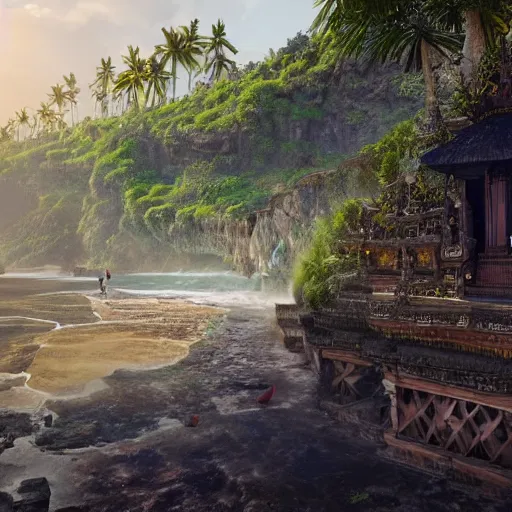 Image similar to A beautiful, perfect, impressive, amazing concept art digital CG painting of a place in Bali, trending on ArtStation, Unreal Engine