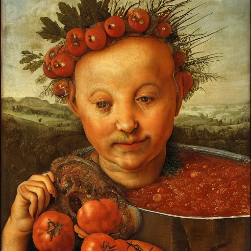 Image similar to a boy sitting in a tub full of tomato sauce, by giuseppe arcimboldo, renaissance, portrait, fruit, detailed oil paint, high definition