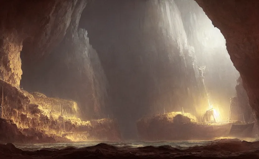 Image similar to A big galleon ship, three masts, front and center, in a cave. Underexposed, dark, pyramidal composition. Atmospheric matte painting by Darek Zabrocki and Christophe Vacher