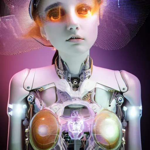 Prompt: beautiful Fine art photo portrait of enraptured young Angelica Bella as a solarpunk robotic goddess, white mechanical parts with led lights, photorealistic, white background, highly detailed and intricate, sunset lighting, 8k