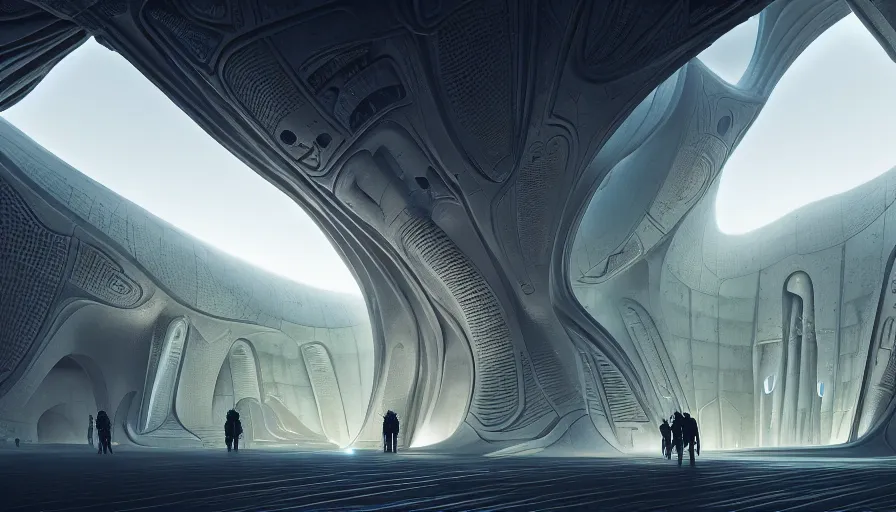 Image similar to the inside of a monument with alien motifs, by tim blandin and arthur haas and bruce pennington and john schoenherr, big windows architecture by zaha hadid, octane render, cinematic, scenery, cgsociety, modernism, futuristic, trending on artstation, sci - fi, high detail, high quality, close up angle, people walking