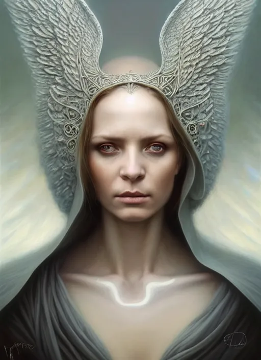 Prompt: emma thompsonas an angel with cloak, aesthetic, fine art, intricate, elegant, highly detailed, realistic hair, centered, digital painting, art station, conceptual art, soft, sharp focus, illustration, artwork, artgerm, tomasz alen kopera, peter mohrbacher, donato giancola, wlop, boris vallejo