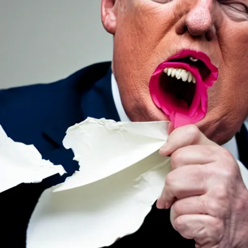 Image similar to candid portrait photo of president trump stuffing crumpled paper into his mouth wads, 2 4 mm lens