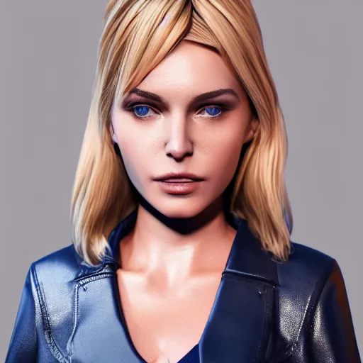 Prompt: beautiful blonde model, 2 arms, tight navy-blue leather outfit, full body and face and head, photorealistic, extreme detail, octane render, artstation, unreal engine