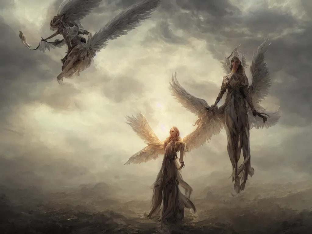 Image similar to angel carries a burning man in the clouds, fantasy art, award winning, dark fantasy, fantasy magic, intricate, elegant, sharp focus, cinematic lighting, highly detailed, digital painting, concept art, art by wlop and artgerm and greg rutkowski, masterpiece, trending on artstation, 8 k