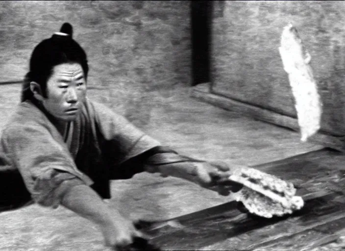 Image similar to a movie still of a samurai slicing through a loaf of bread by Akira Kurosawa