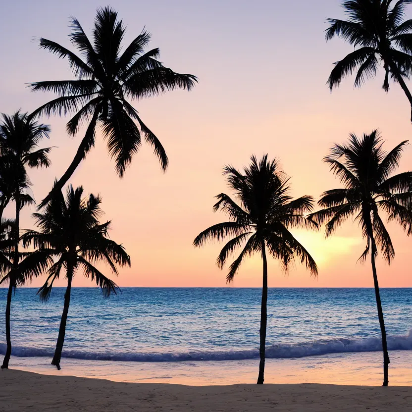 Image similar to sunset on a beach with palmtrees and white sand