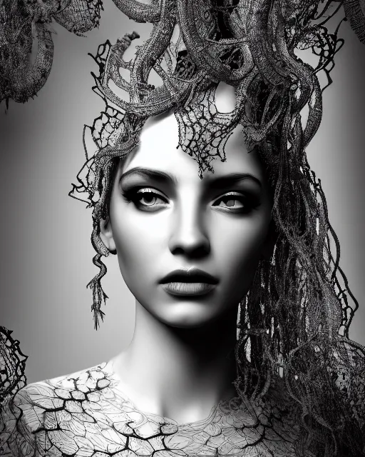 Image similar to surreal mythical dreamy artistic black and white fine art photo of a beautiful young female queen - medusa - cyborg covered with lace fish scales and translucent algae, highly detailed, intricate crystal ivy lace jelly fish scales ornate, poetic, octane render, 8 k, photo - realistic