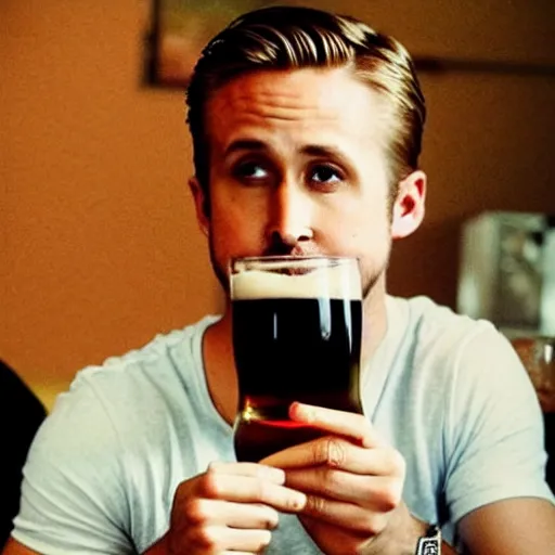 Image similar to ryan gosling drinking beer, high quality photo