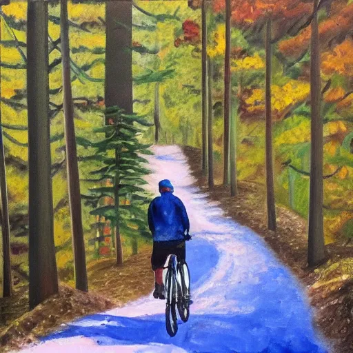 Image similar to man biking up a steep forest hill with a deep blue sweater. sweaty. Oil painting. Emotional. Steep. Trees.