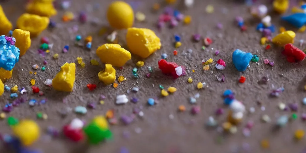 Image similar to a cinematic film still of a claymation stop motion film about a town made of lemons and candy, shallow depth of field, 8 0 mm, f 1. 8