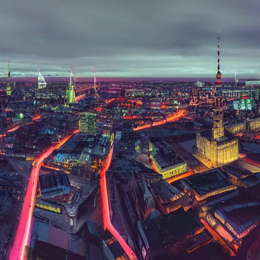 Image similar to panoramic view on the old town of riga in year 2 1 0 0, cyberpunk, futuristic, neon