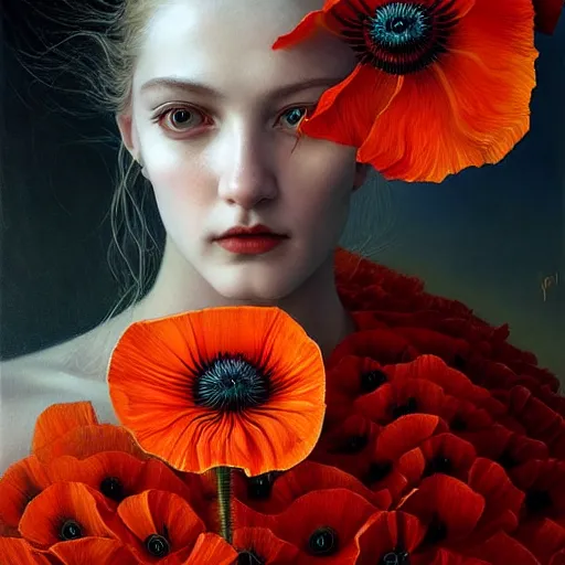 Image similar to portrait of a gorgeous young poppy queen, uniquely beautiful, surreal, fantasy, ornamental, intricate, elegant, dramatic lighting, emotionally evoking symbolic metaphor, highly detailed, lifelike, photorealistic, digital painting, artstation, concept art, smooth, sharp focus, illustration, art by John Collier and Krenz Cushart and Artem Demura and Alphonse Mucha and Albert Aublet