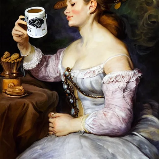 Image similar to heavenly summer sharp land sphere scallop well dressed lady drinking a starbucks coffee paper cup, auslese, by peter paul rubens and eugene delacroix and karol bak, hyperrealism, digital illustration, fauvist, starbucks coffee cup