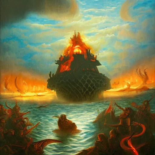 Image similar to moloch oil painting in the ocean of hell