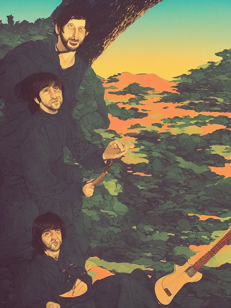 Prompt: an image of ringo starr as samwell from the lord of the rings, taking mind altering drugs, dreaming psychedelic hallucinations in the vast middle earth landscape, by kawase hasui, moebius, edward hopper, colorful flat surreal design, dramatic lighting, hd, 8 k, artstation