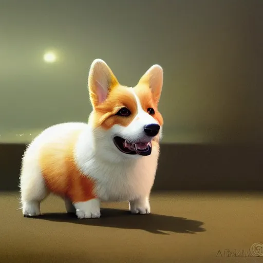 Prompt: the most adorable corgi in the world, hyperrealistic, very lifelike, extremely detailed, soft focus, beautiful digital illustration by artgerm, moebius, greg rutkowski, ruan jia, simon stalenhag, makoto shinkai, trending on artstation, pixiv, 8 k, masterpiece, award - winning