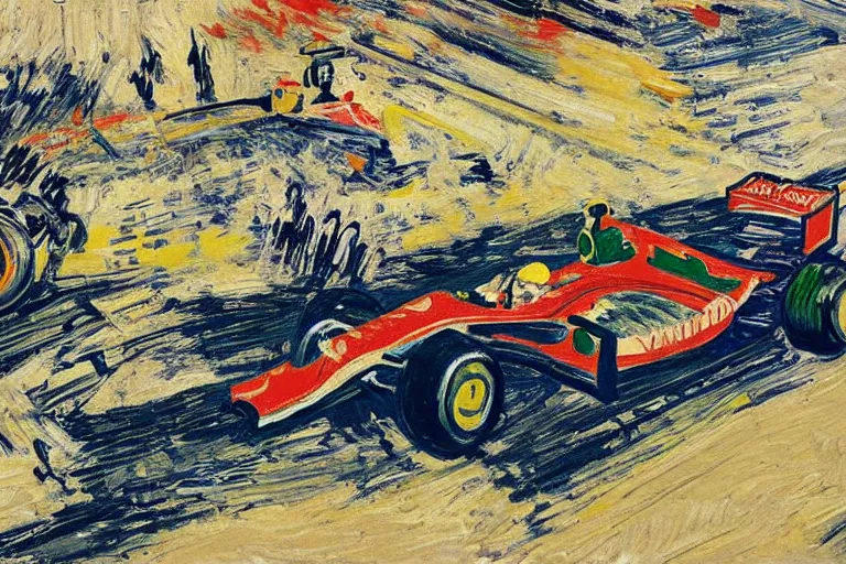 Prompt: formula 1 racing as painted by van gogh, detailed, wet brush, poster art