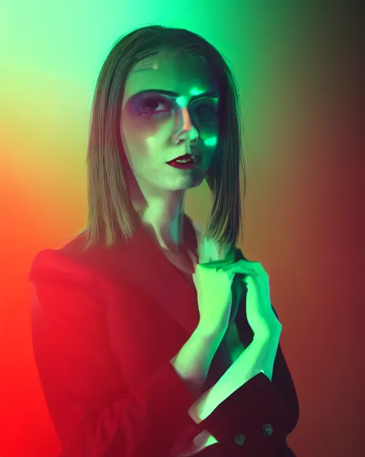 Prompt: dramatic cyberpunk portrait of a woman in a suit, crystalline, red glow, green glow, blue glow, atmospheric haze, intense shading, optic ripple, backlit, bokeh, centered