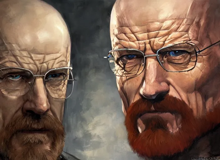 Image similar to a highly detailed beautiful portrait of walter white as kratos, by gregory manchess, james gurney, james jean