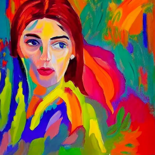 Prompt: oil painting of lilies and woman portrait in colorful abstract style