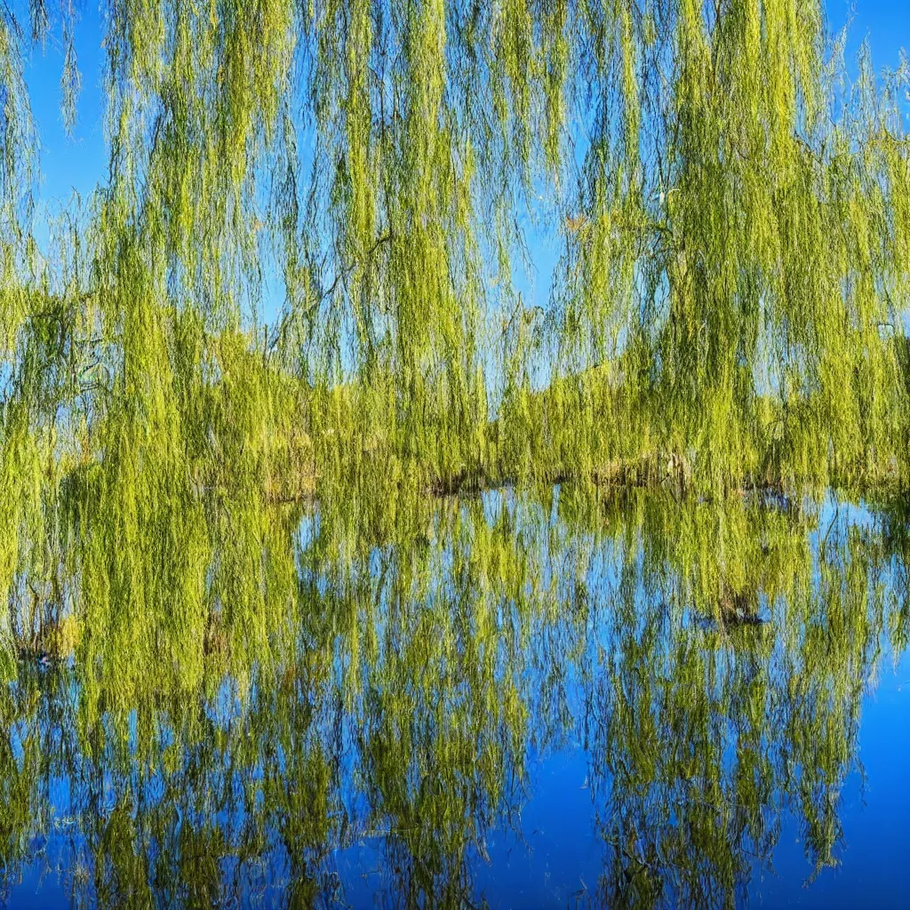 Image similar to beautiful pond seen at water level willow trees and blue sky reflecting in the water