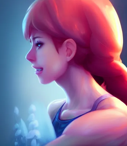 Image similar to beautiful portrait of a gorgeous personal trainer who looks like Princess Peach , character design by charlie bowater, ross tran, artgerm, and makoto shinkai, detailed, soft lighting, rendered in octane