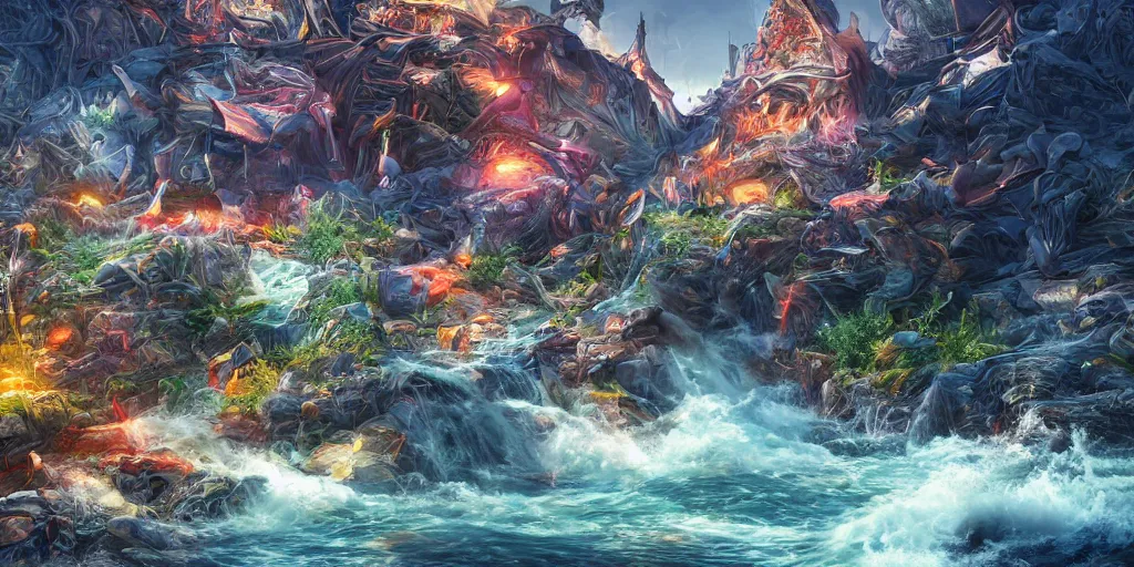 Image similar to no, no, we are not satisfied, and we will not be satisfied until justice rolls down like waters, and righteousness like a mighty stream. ultrafine highly detailed hyper colorful illustration, sharp focus, final fantasy, unreal engine highly rendered, global illumination, radiant light, intricate and detailed environment