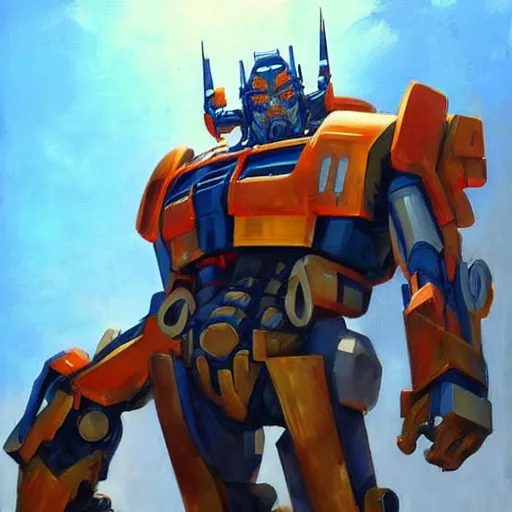 Image similar to greg manchess portrait painting of optimus prime as overwatch character, medium shot, asymmetrical, profile picture, organic painting, sunny day, matte painting, bold shapes, hard edges, street art, trending on artstation, by huang guangjian and gil elvgren and sachin teng