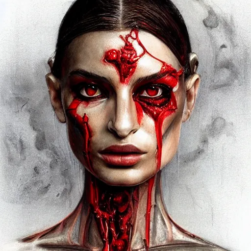 Prompt: Emily Ratajkowski is a bio mechanical cyborg, physically accurate, very dramatic dynamic lighting, intricate, very very elegant, blood red pool of water, highly detailed, digital painting, artstation, very hyperrealistic, HR GIGER, Hieronymus Bosch, Francis Bacon, concept art, smooth, sharp focus, illustration, art by artgerm and greg rutkowski and alphonse mucha