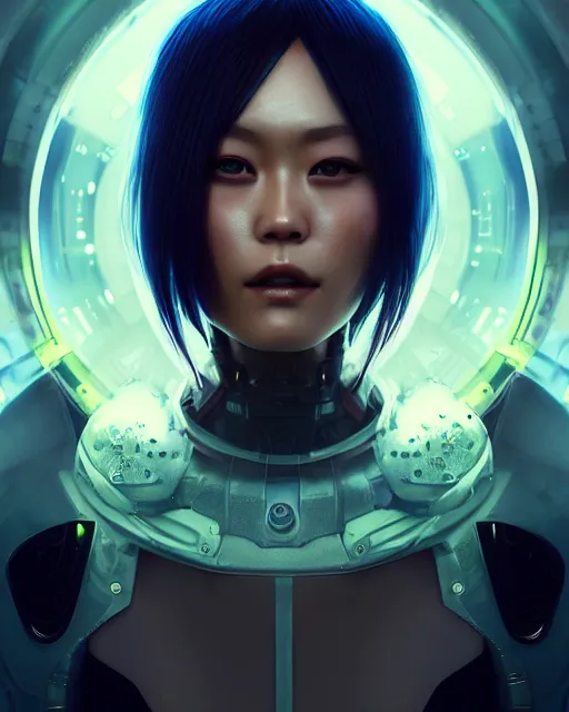 Image similar to detailed portrait Rinko Kikuchi, solarpunk futuristic utopia, scifi android, starry long hair, by Darren Bartley, Wojtek Fus ,Frederic Bennett, Perfect face, fine details, realistic shaded, fine-face, pretty face