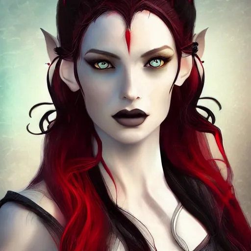 Prompt: Digital portrait of a beautiful half-elf half-vampire young woman. Her hair have black and white strands. Red irises, vertical pupils. Award-winning digital art, trending on ArtStation