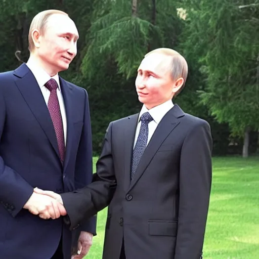 Image similar to putin teams up with a teenage putin, perfect faces