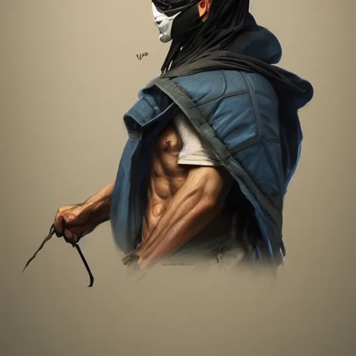 Image similar to ultra realistic illustration, man with black hair with a black mask, in blue hood, highly detailed, digital painting, artstation, concept art, smooth, sharp focus, illustration, art by artgerm and greg rutkowski and alphonse mucha