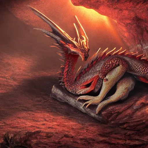 Image similar to red scaly dragon sleeping on a pile of bones in a dark dusty cave with a ray of light shining on it\'s face. Very detailed 8k. Photorealistic fantasy