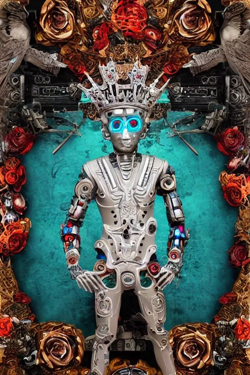 Prompt: full-body cyberpunk style sculpture of a young handsome Aztec prince half android with a chest opening exposing sparked circuitry, exposed motherboard, glowing red eyes, crown of white roses, flowing teal-colored silk, fabric, flowers. baroque elements, human skull. full-length view. baroque element. intricate artwork by caravaggio. many many birds birds on background. Trending on artstation, octane render, cinematic lighting from the right, hyper realism, octane render, 8k, depth of field, 3D