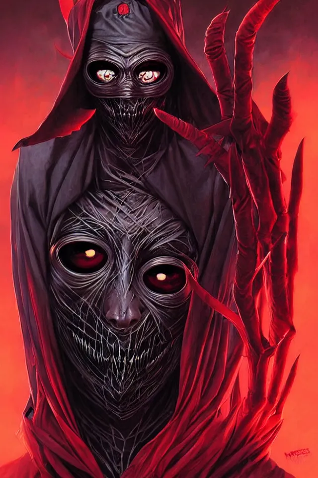 Image similar to a striking portrait of a pitch black masked eldritch shaman with sinister red eyes by moebius and ross tran and artgerm deta