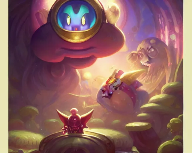 Prompt: portrait of kirby in dreamland with a shocked expression, deep focus, d & d, fantasy, intricate, elegant, highly detailed, digital painting, artstation, concept art, matte, sharp focus, illustration, hearthstone, art by super smash bros and artgerm and greg rutkowski and alphonse mucha