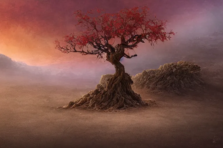 Image similar to a fantasy landscape by rocha, andreas, red autumn maple bonsai in a barren death valley landscape, cloudy sunset, by brian froud and jessica rossier and hr giger