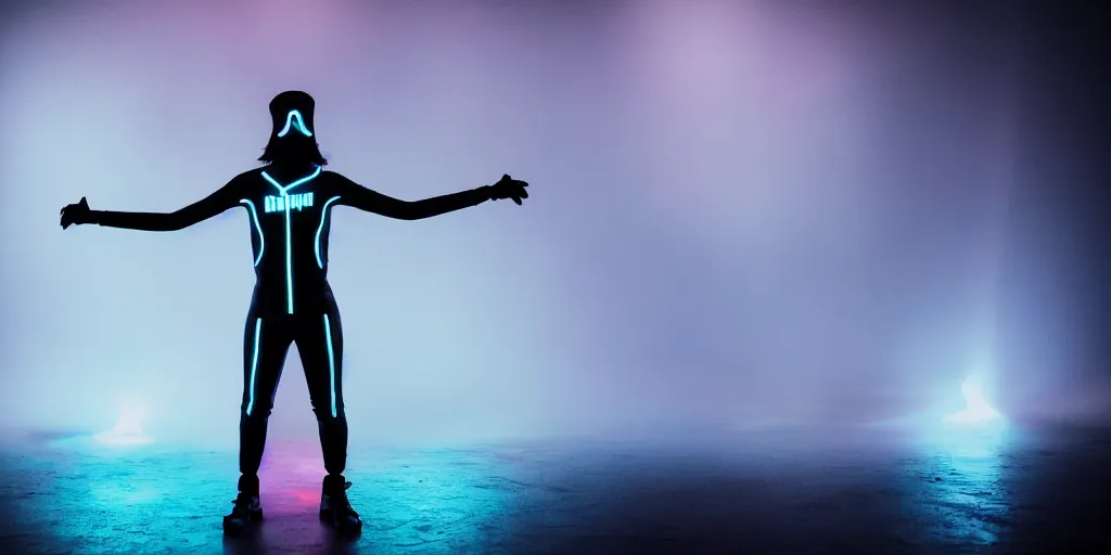 Image similar to break dancer wearing black latex with neon lights, long exposure shot, tron, cinematic view from lower angle, fog on the floor