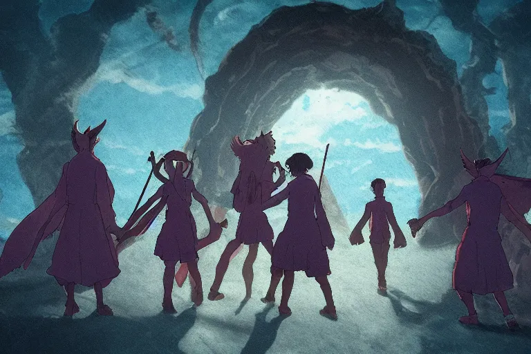 Prompt: cell shaded key visual of a group demons emerging from a portal, dramatic lighting, in the style of studio ghibli, moebius, makoto shinkai,